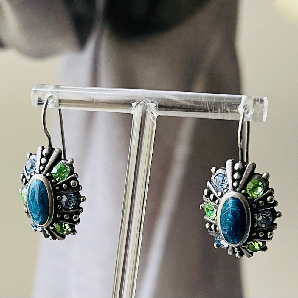 Vintage Blue Enamel Multi-Colored Crystals Silver Tone Drop Earrings